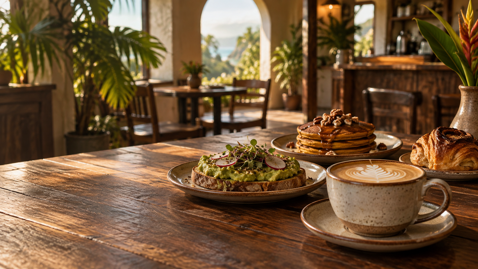 Coffee, avocado toast, pancakes, and pastry on a warm café table